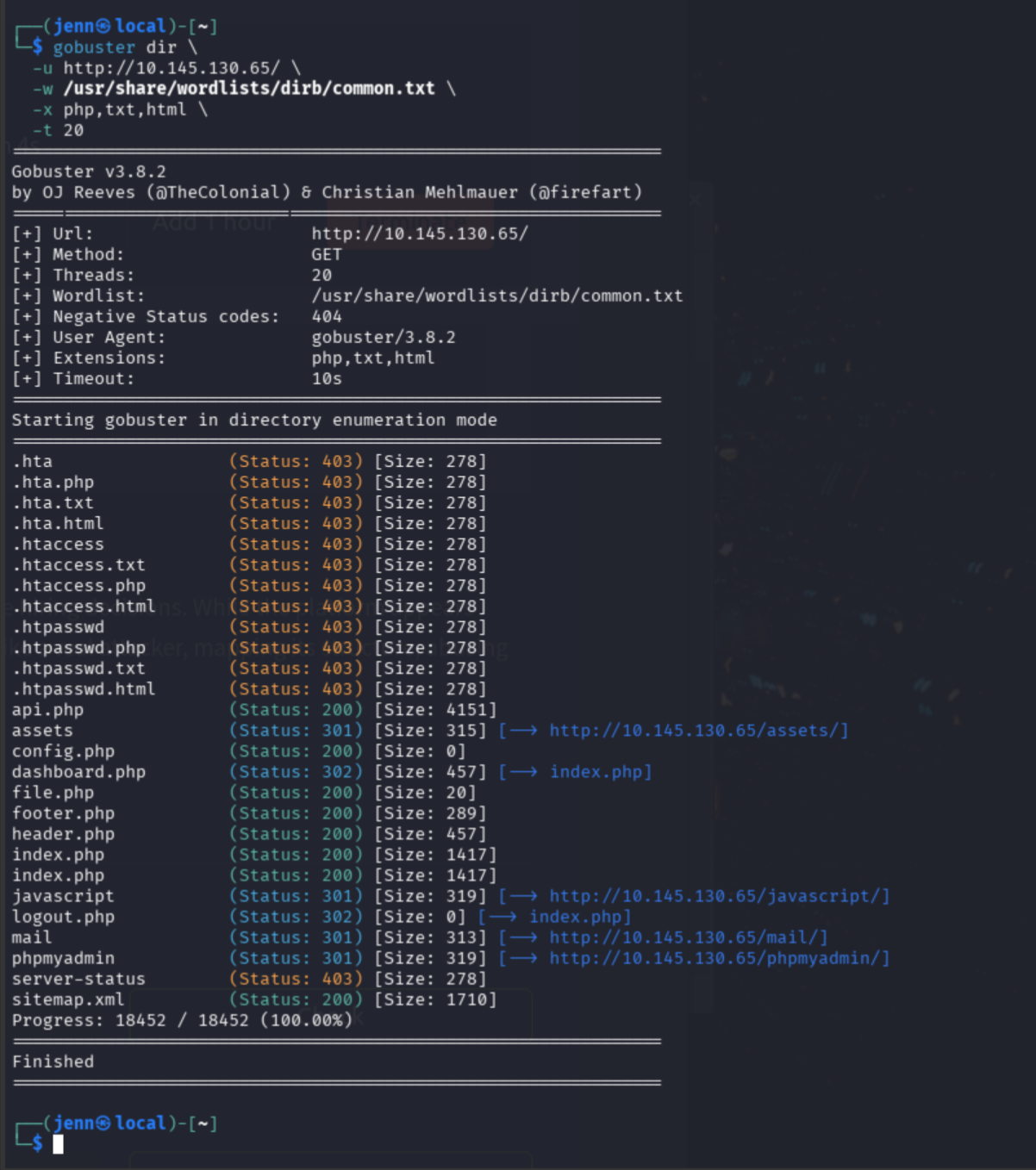 gobuster results | clean enumeration with config.php (Status: 200 | Size: 0) as standout find